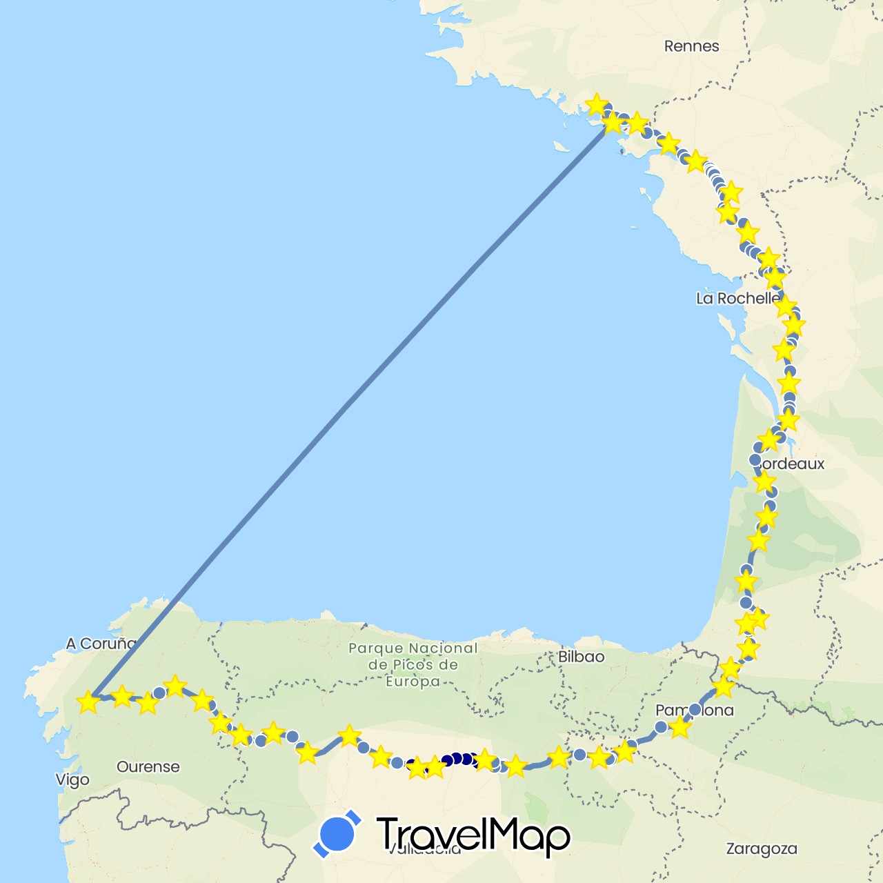 TravelMap itinerary: driving, cycling in Spain, France (Europe)
