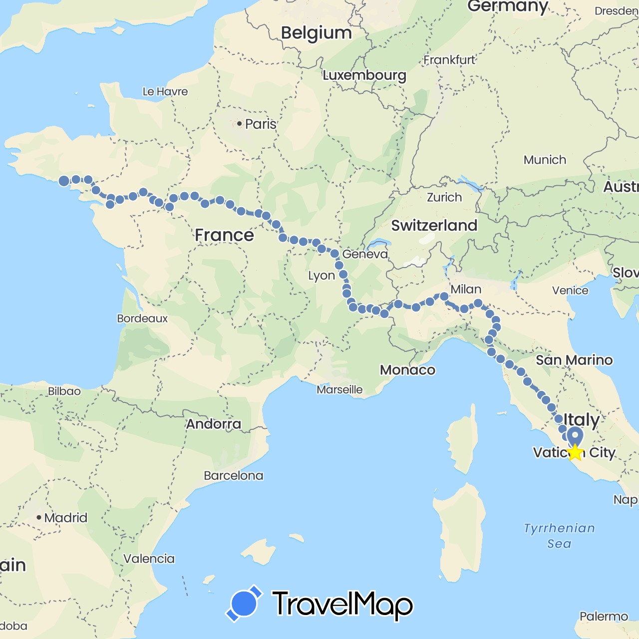 TravelMap itinerary: driving, cycling in France, Italy (Europe)